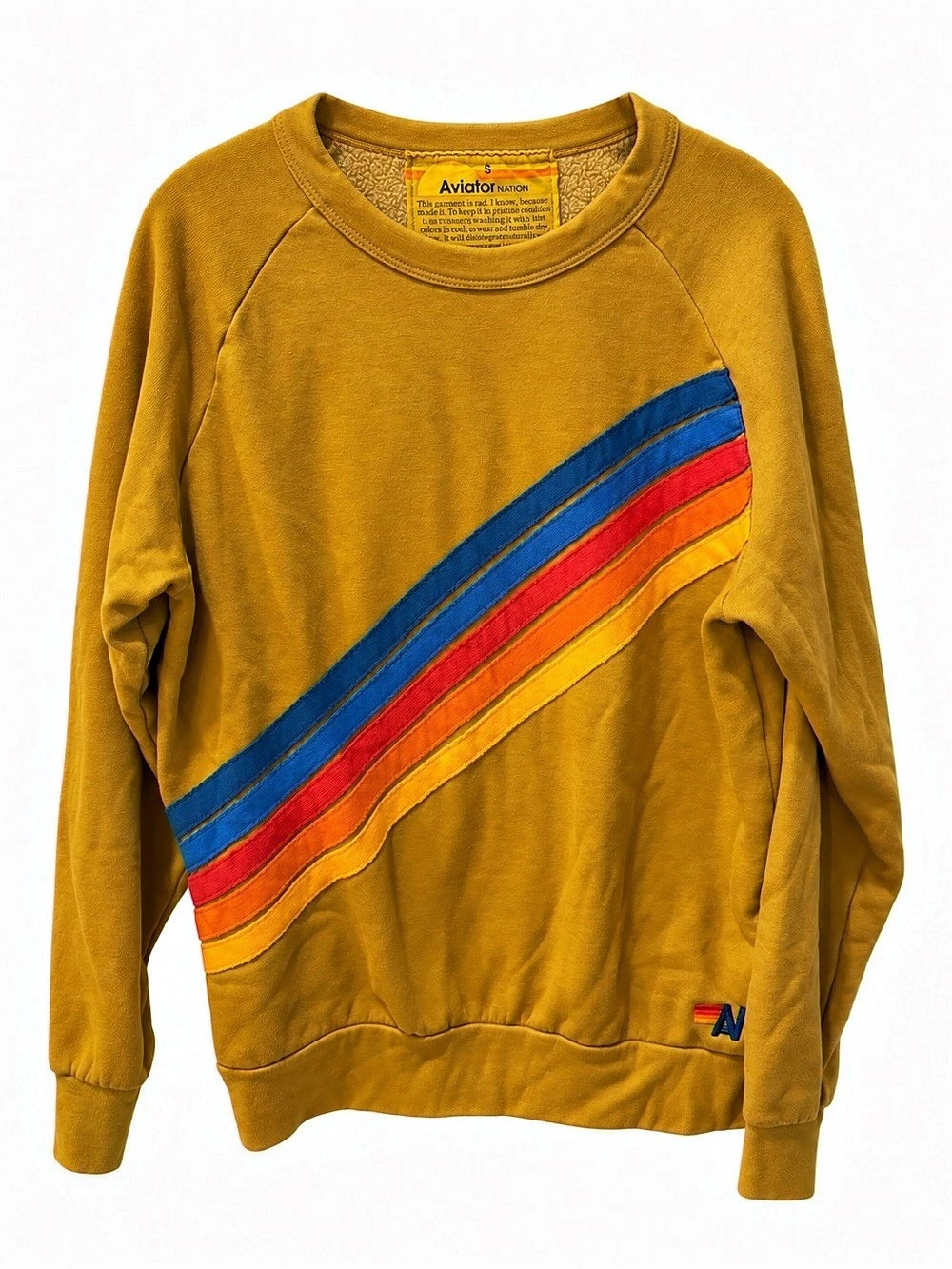 Aviator Nation 5 Stripe Relaxed Crew Sweatshirt Yellow Small